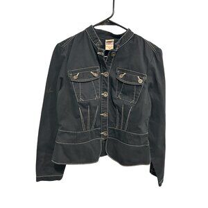 Vintage Faded Glory Jacket 12 Black Denim Contrast Stitch Button Peplum  Retro